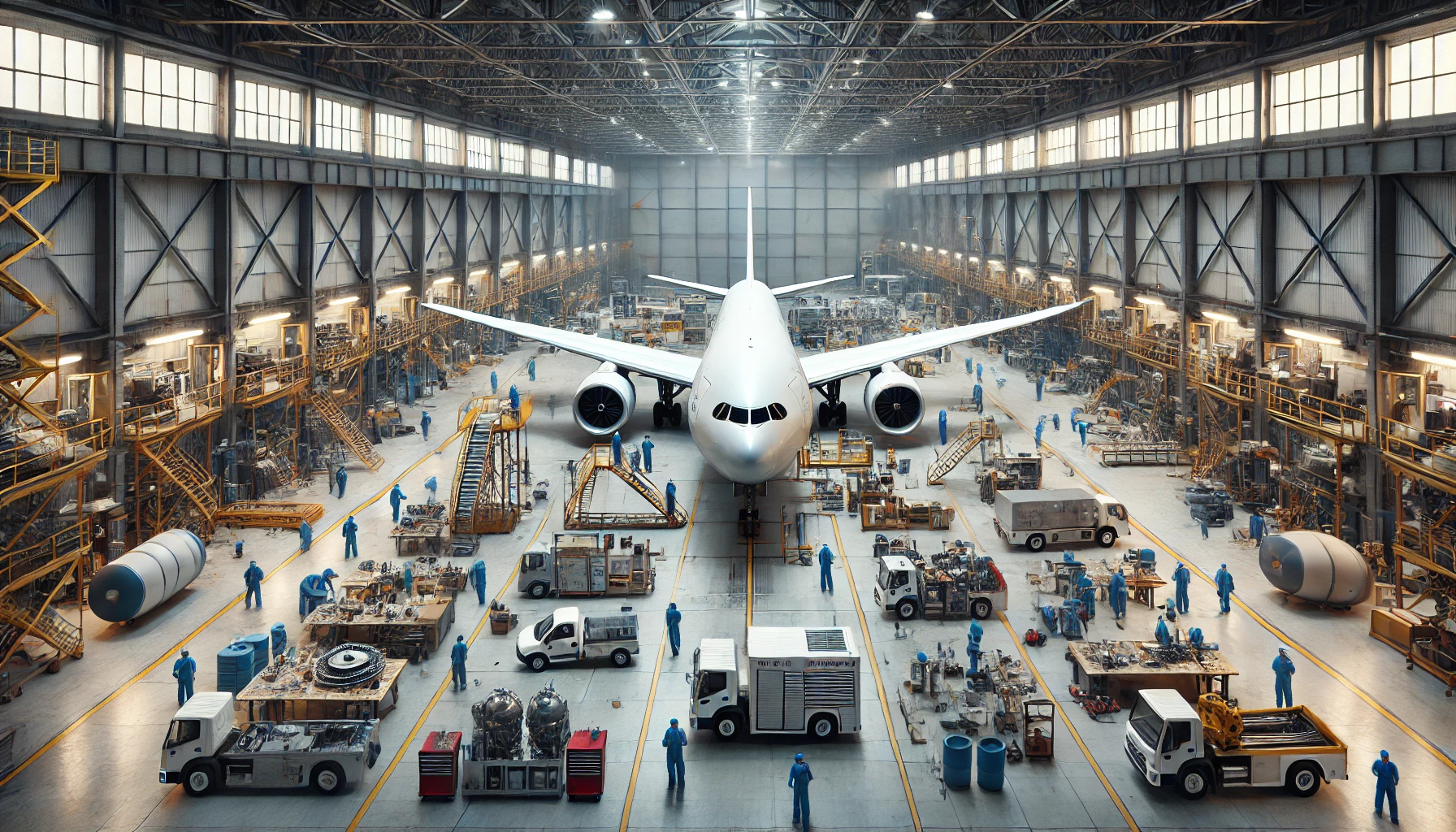 DALL·E 2024 07 01 09.43.53 An ultra realistic ultra HD image of a modern aircraft maintenance hangar. The hangar is well lit showcasing a detailed interior with multiple techn
